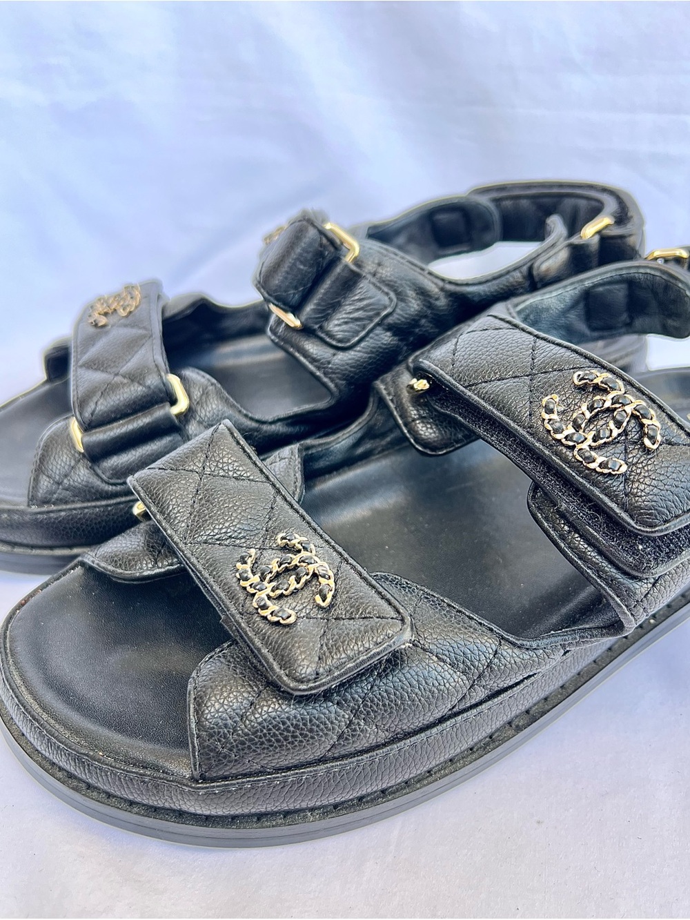 CHANEL Women's Black Leather Quilted Dad CC Slide Birkenstock Sandals Size 38 - Picture 8 of 12